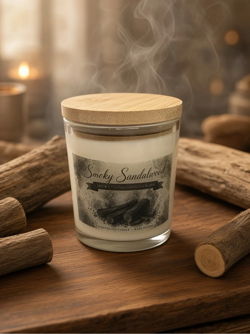 9oz Smoky Sandalwood Soy Candle | Warm Woodsy Scent Hand Poured